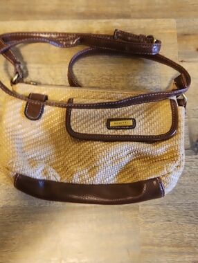 Rosetti Tan Woven Crossbody with Brown Trim